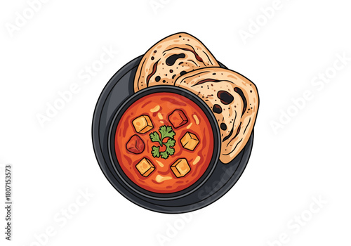 Illustration of North Indian Meal with Paneer Curry and Naan Bread