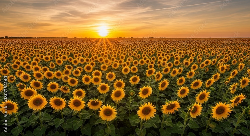 Fototapeta premium Sunflower Field at Sunset Golden Bloom Landscape Under a Warm Horizon