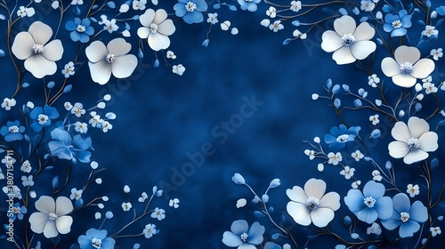 Blue and White Floral Pattern Japanese Style, Flat Fabric Texture Indigo Blue Shibori Dyeing, High Resolution Fine Details	