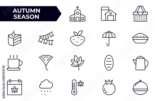Autumn season outline Icons set. Collection of fall related objects, plants and animals, holidays, celebrations.