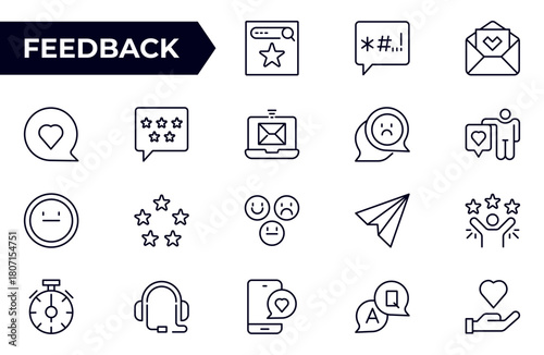 Feedback line icon set. Like, review and comment on Internet content. User opinion and survey. Outline icon.