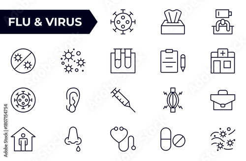Flu and Virus Icon Set. An essential collection of icons designed to promote health awareness, perfect for enhancing medical materials, educational content, and public health campaigns.