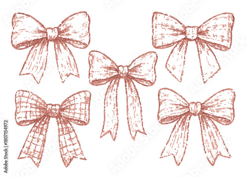 Hand Drawn Crayon Sketch Rosy Gold Bow Set - Textured Ribbon and Decorative Elements