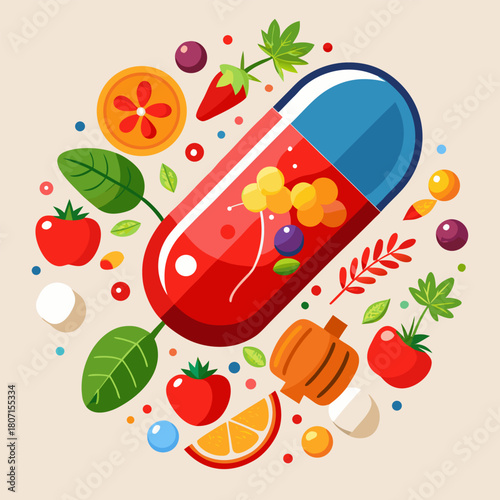 Healthy capsule filled with fruits and vegetables