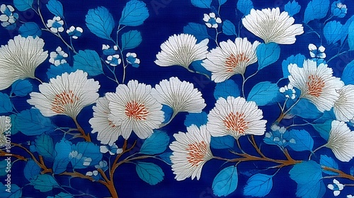 Blue and White Floral Pattern Japanese Style, Flat Fabric Texture Indigo Blue Shibori Dyeing, High Resolution Fine Details	