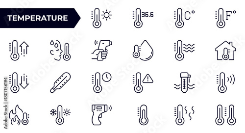 Temperature line icon set. Water and air temperature. Mercury, electronic, infrared thermometer. Oral, rectal, ear temperature. Outline icons collection. Series vector pictograms.