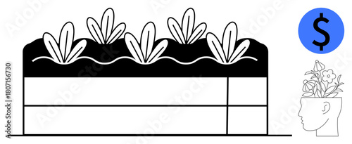 Plants growing from soil illustrating financial growth and creativity. Human head with flowers symbolizes ideas. Ideal for finance, growth, creativity, investments, productivity, sustainability