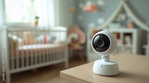 White security camera standing on a wooden table in a nursery room with a crib in the background. Modern home surveillance for baby monitor.