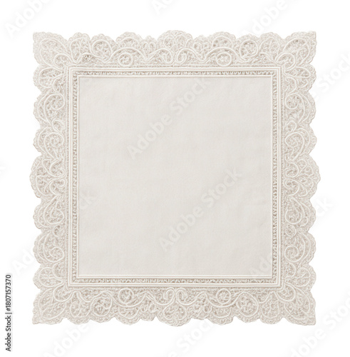 Elegant white linen napkins with detailed lace borders for formal dining occasions.