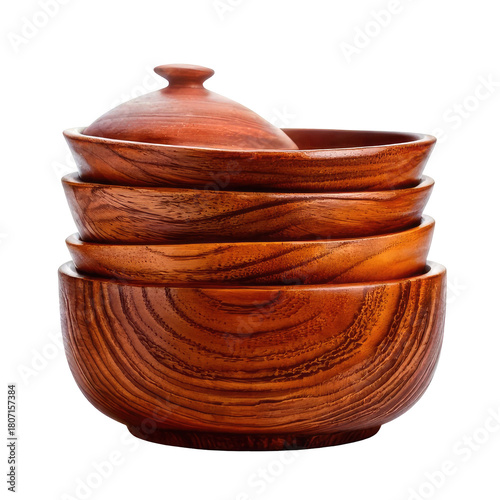 Stack of wooden bowls with a lid, brown