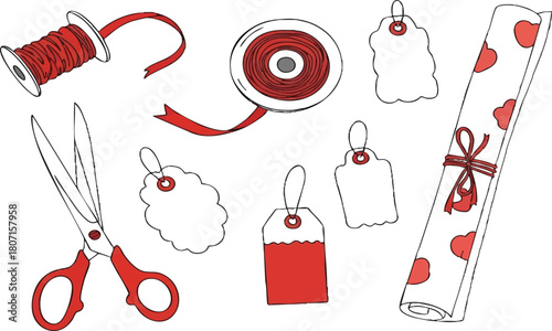 Hand drawn craft tools and gifting elements set with ribbon tags scissors and wrapping paper.