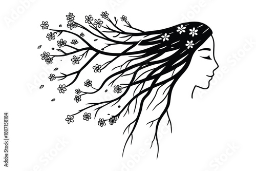 Glamour model drawing of a long black hairstyle silhouette vector illustration featuring a beautiful girl's face and lips