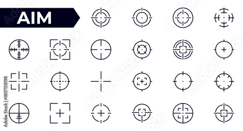 Aim, target outline icon set. A sight for aiming a weapon at a target. Series in linear style. Outline icon collection. Conceptual pictogram