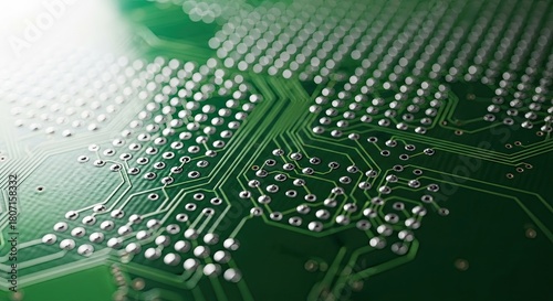 A detailed macro photograph of a green printed circuit board with intricate pathways and shiny solder points, representing modern technology and electronic engineering