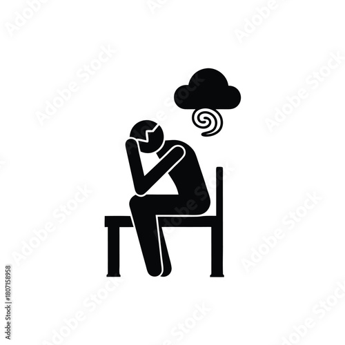 Silhouette Icon of Sad Figure Seated on Chair Under Dark Cloud Symbolizing Depression, Isolation, and Mental Health Issues                            