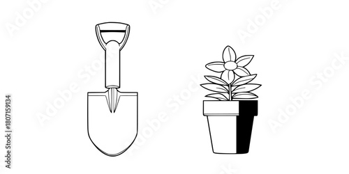 Vintage-inspired stylized spade shovel plant pot. | Clean, isolated vector art for creative projects.