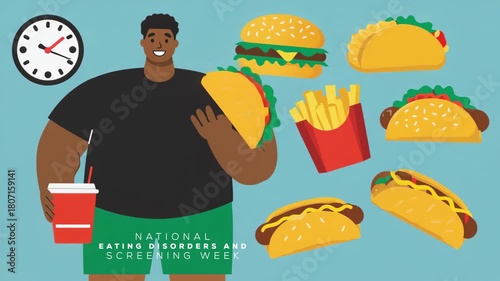 National eating disorders and screening week. fast food animation video.