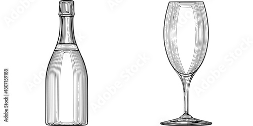 Elegance Simplicity: Champagne Bottle Wine Glass Vector Illustration | Clean, isolated vector art for creative projects.