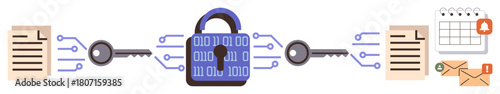 Central lock with binary code surrounded by keys, documents, and icons for calendar and email. Ideal for cybersecurity, data privacy, secure communication, digital protection, encryption, IT