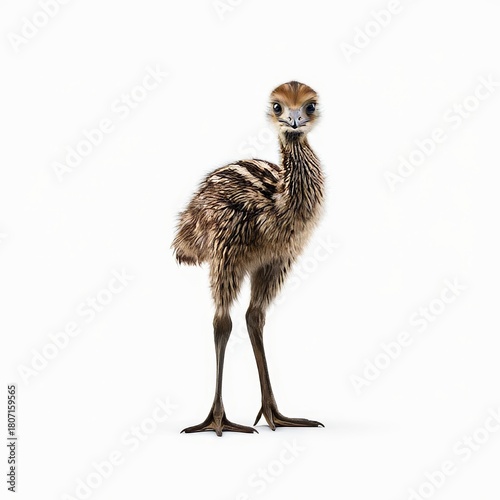 Curious Baby Emu Standing on White Background