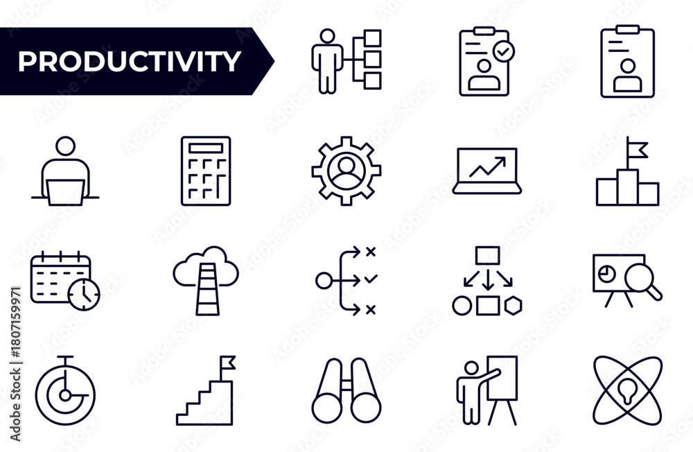 Fototapeta premium Productivity and Efficiency Icon set. Vector Icons for Task Management, Time Optimization, Work Process, and Goal Achievement