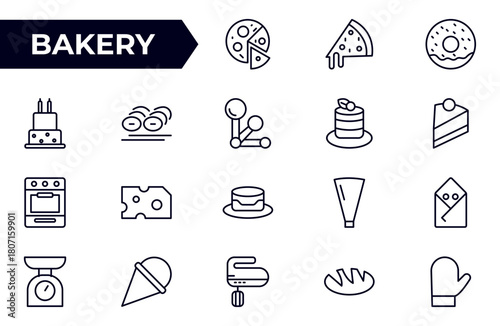 Bakery and dessert outline icon. Contains such Icons as cookie, pudding, oven, kitchen tools, doughnut, bread, macaroon, muffin And Other Elements. customize color, easy resize.