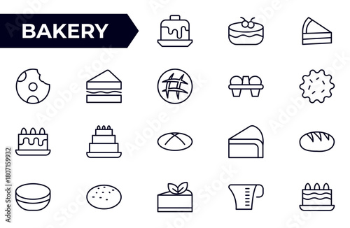 Bakery and dessert outline icon. Contains such Icons as cookie, pudding, oven, kitchen tools, doughnut, bread, macaroon, muffin And Other Elements. customize color, easy resize.