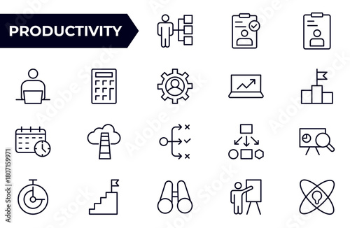 Productivity and Efficiency Icon set. Vector Icons for Task Management, Time Optimization, Work Process, and Goal Achievement