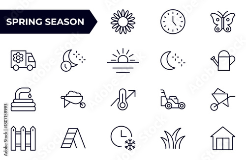 Spring season Equipment Icon set. Thin line icons set. Flatiron collection set. Outline planting flowers and seeds, watering can and fertilizers. Spring, agriculture and gardening concept.