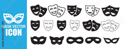 Theatre Masks and Masquerade Disguise Icons Collection Drama Comedy Tragedy Carnival Eye Masks Set Vector