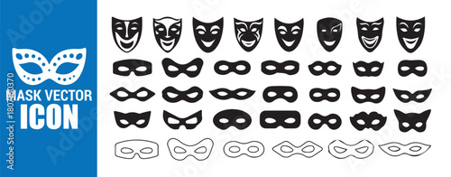 Masquerade Theatre Masks Icons Collection Black Outline Eye Disguise Comedy Tragedy Carnival Vector Set