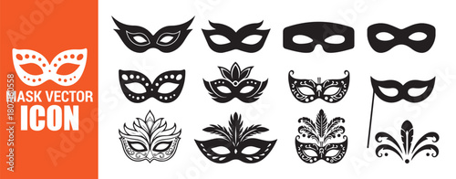 Set of Venetian Mardi Gras masquerade masks vector icons carnival party costume elements black silhouettes