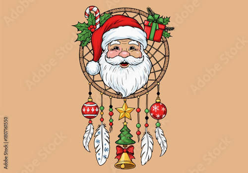 Santa's joyful dreamcatcher A vibrant holiday illustration blending festive cheer with whimsical traditions
