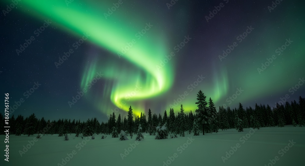 Naklejka premium Vibrant green aurora borealis dancing across a starry night sky