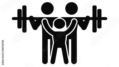 Family Workout Pictogram: Two Adults Spotting Child Lifting Barbell in Gym                                                                            