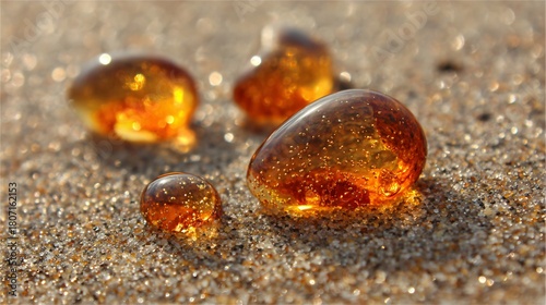 Close-up of amber droplets glistening on sandy surface with natural lighting