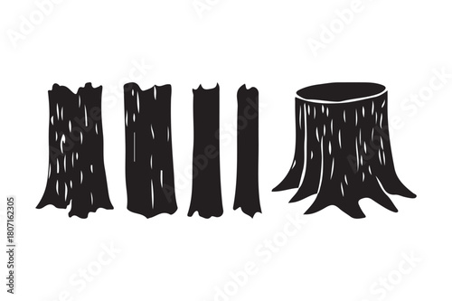 Black and white silhouettes of tree trunks and a stump