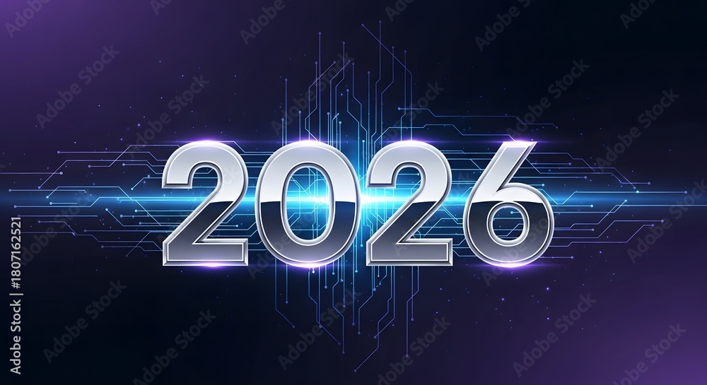 Naklejka premium Futuristic 2026 Silver Chrome Text on Blue Digital Background.