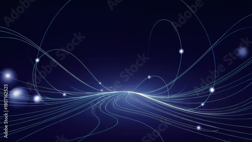 Dynamic abstract glowing blue lines flow across dark background creating futuristic network connections