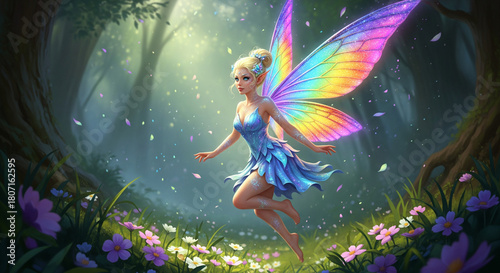 A fairy with vibrant wings gracefully flies through a lush green forest, surrounded by trees and dappled sunlight.