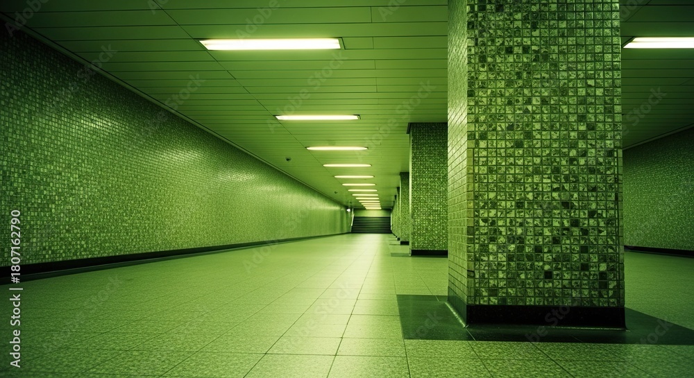 Fototapeta premium A long, empty underground corridor with green tiled walls and fluorescent lighting creates a mysterious and futuristic atmosphere with a strong vanishing point perspective