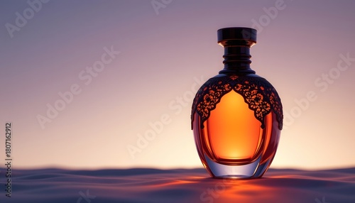 arabian inspired perfume bottle silhouette glowing against a soft gradient.