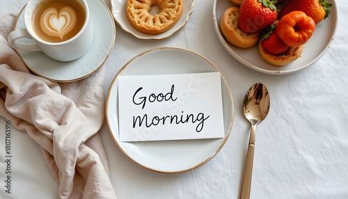 minimalist breakfast setup with handwritten â€˜good morning' card and fresh pastries.