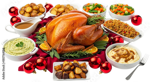 A traditional holiday feast featuring a roasted turkey, mashed potatoes, stuffing, gravy, and various side dishes, all arranged on a festive table with christmas ornaments