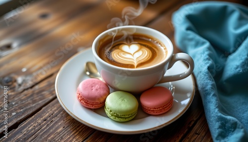 cozy breakfast moment with steaming coffee and pastel colored macarons on a wooden table.