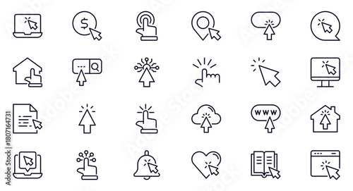 Click outline icon set. Cursor, finger, hand, mouse, pointer and more. Outline vector icon in linear style. Conceptual pictogram collection.
