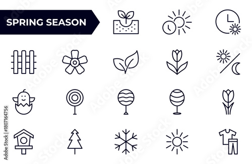 Spring season Equipment Icon set. Thin line icons set. Flatiron collection set. Outline planting flowers and seeds, watering can and fertilizers. Spring, agriculture and gardening concept.