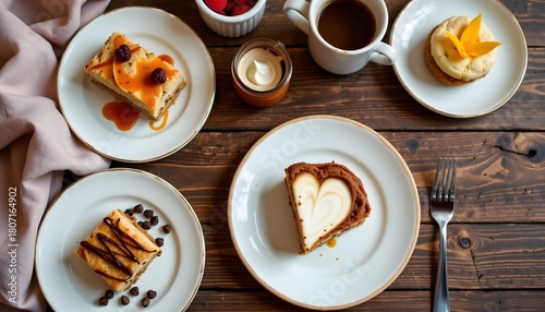 cheerful morning flat lay with desserts and warm beverage.