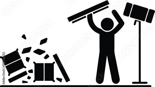 Icon Illustration of a Person Smashing Boxes with a Wooden Plank under a Stage Light                                                                  