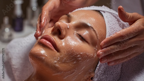 Close up of woman receiving moisturizing facial treatment in spa setting